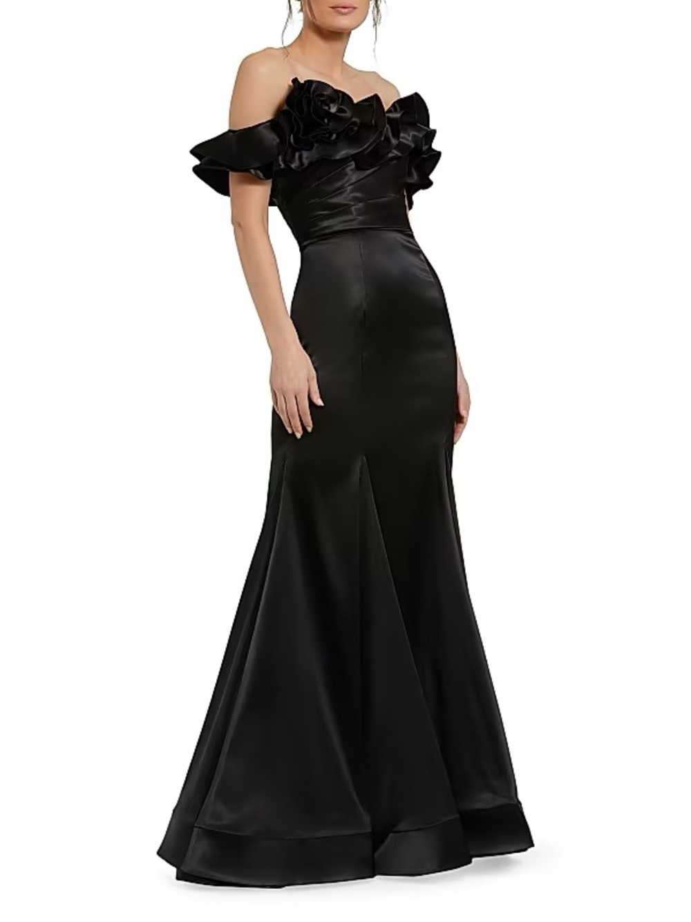 MACDUGGAL Off-Shoulder Black Satin Evening Gown with Floral Detail